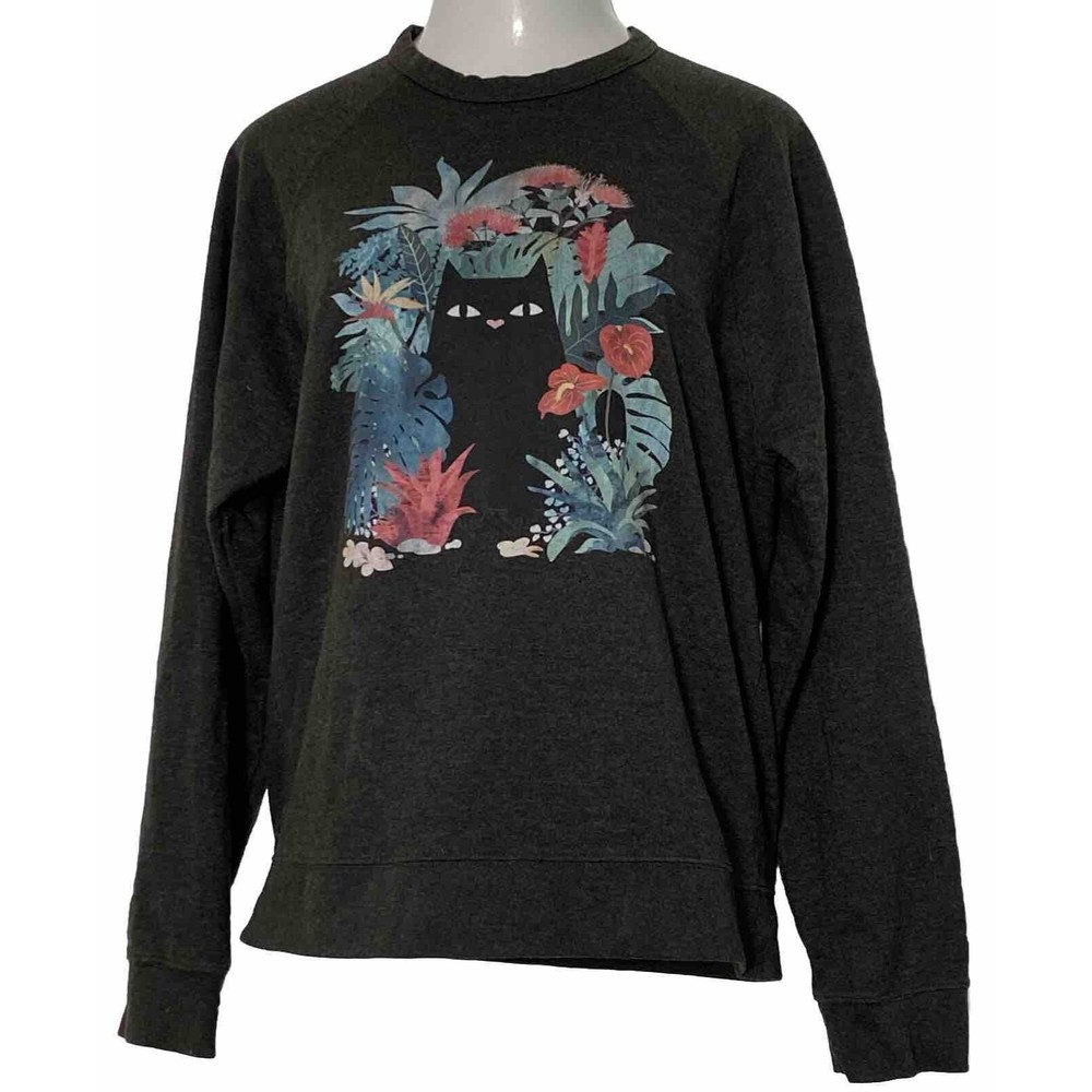Delta Fleece Sweatshirt Top Black Cat Hawaii Popoki Floral Long Sleeve XL